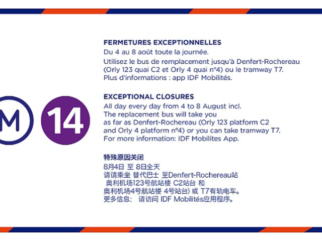 Closure of Orly-Paris Metro line 14 from August 4 to 8